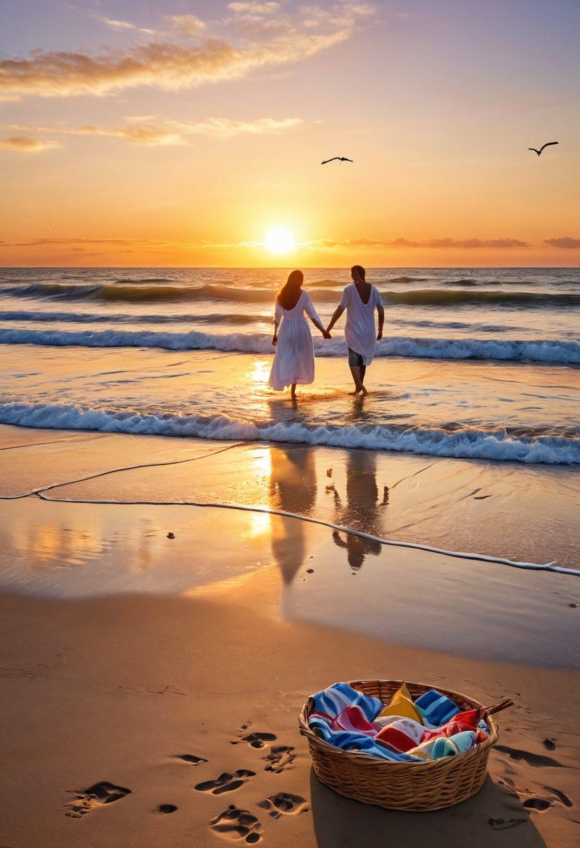 A serene scene depicting a couple joyfully splashing in ocean waves, with footprints in the soft sand leading to a picnic setup adorned with colorful blankets and a basket. The sun setting in the background casts a warm golden glow, while seagulls soar above and gentle waves lap the shore. Include vibrant seashells scattered along the water's edge to accentuate the coastal atmosphere. super-realistic. vibrant colors. white background.