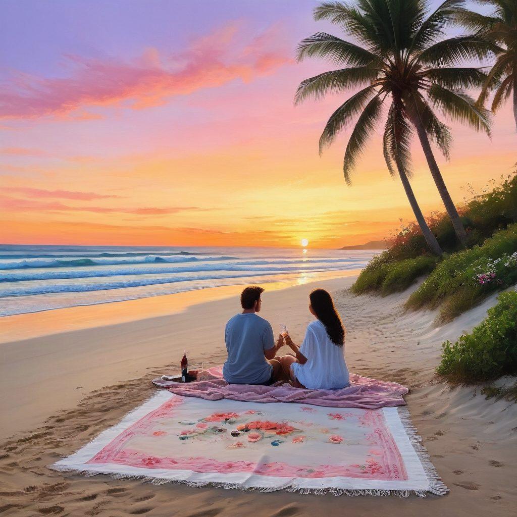 A serene sandy beach at sunset, with soft pastel skies reflecting in the gentle waves. A cozy picnic setup featuring a blanket, wine, and flowers sprawled on the sand, surrounded by lush greenery and palm trees. Two silhouettes of a couple embracing, enjoying nature's beauty. Seashells and footprints leading into the distance, adding a romantic touch. painting. vibrant colors.