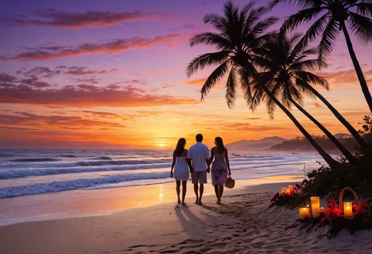 A serene beach at sunset with gentle waves lapping at the shore, a couple walking hand in hand, framed by swaying palm trees and vibrant tropical flowers. The sky is a blend of warm oranges and deep purples, creating a romantic atmosphere. Soft footprints in the sand lead towards a cozy beach picnic setup adorned with candles and a wicker basket. super-realistic. vibrant colors. peaceful ambiance.